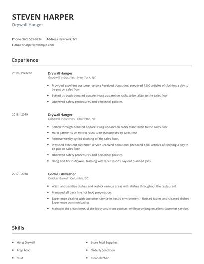 Drywall Hanger Resume