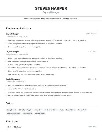 Drywall Hanger Resume