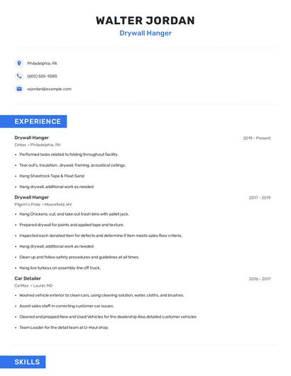 Drywall Hanger Resume