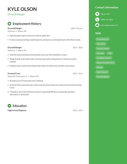Drywall Hanger Resume