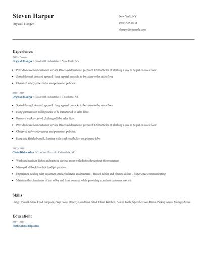 Drywall Hanger Resume
