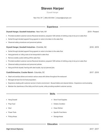 Drywall Hanger Resume