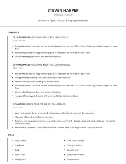 Drywall Hanger Resume