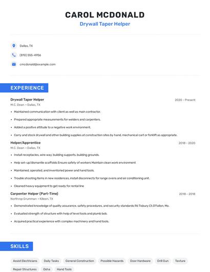 Drywall Taper Helper Resume