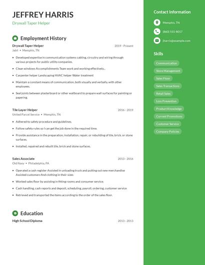 Drywall Taper Helper Resume