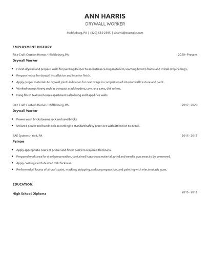 Drywall Worker Resume