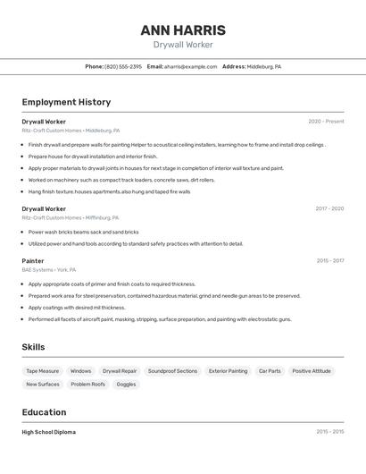 Drywall Worker Resume