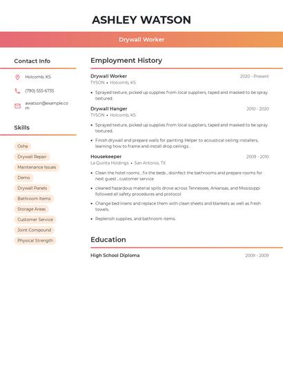 Drywall Worker Resume