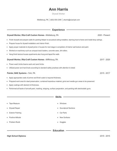 Drywall Worker Resume
