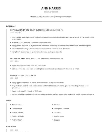 Drywall Worker Resume