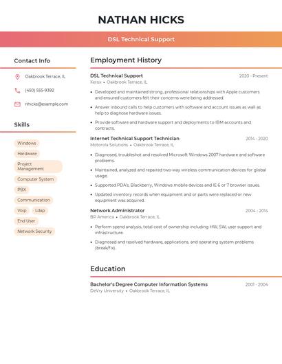 DSL Technical Support Resume