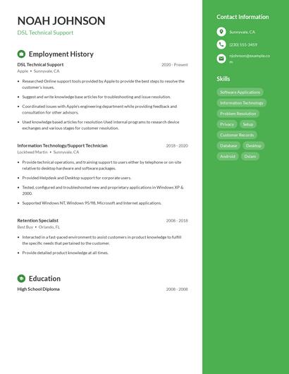 DSL Technical Support Resume