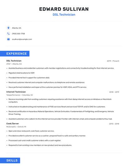 DSL Technician Resume