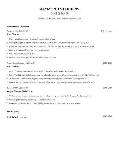 Duct Cleaner Resume
