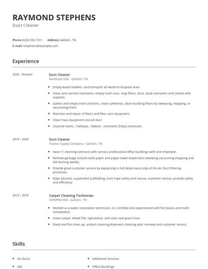 Duct Cleaner Resume