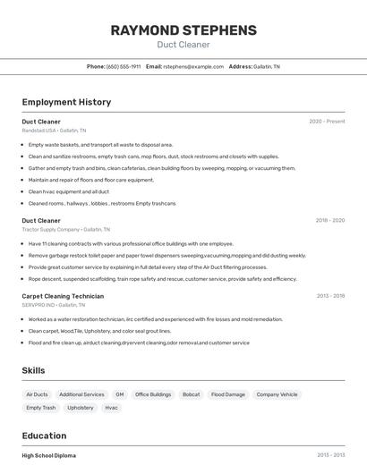 Duct Cleaner Resume