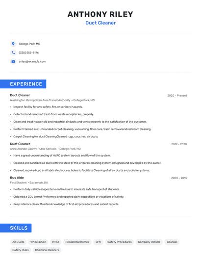 Duct Cleaner Resume