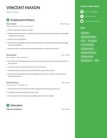 Duct Cleaner Resume