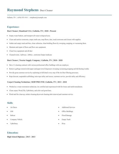 Duct Cleaner Resume