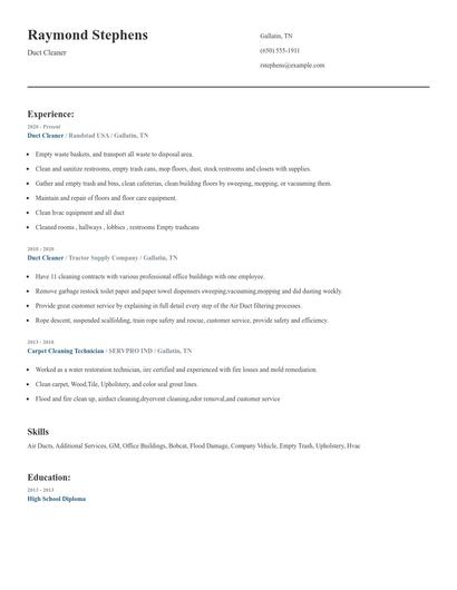 Duct Cleaner Resume