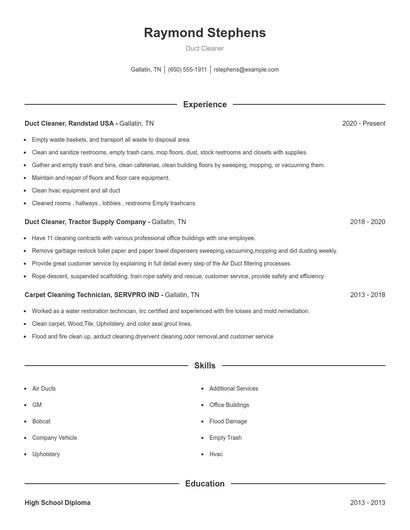 Duct Cleaner Resume