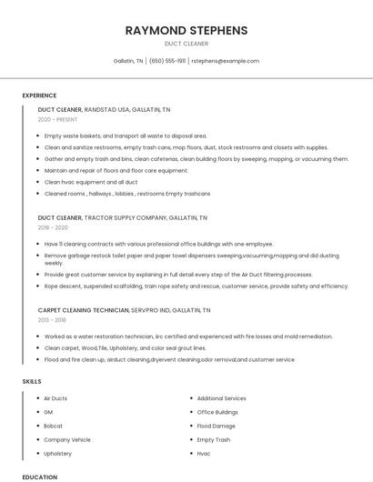 Duct Cleaner Resume
