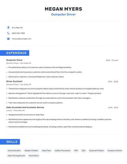Dumpster Driver Resume