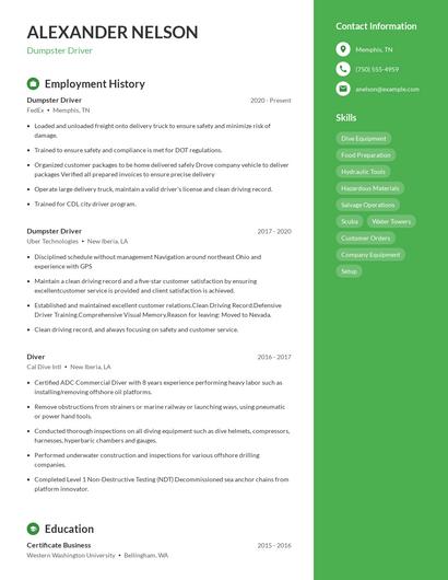 Dumpster Driver Resume