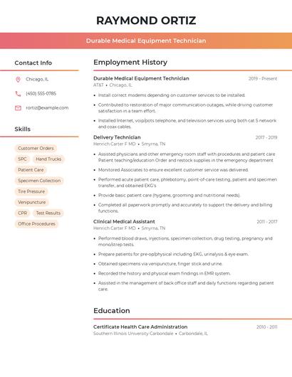 Durable Medical Equipment Technician Resume