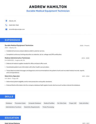 Durable Medical Equipment Technician Resume