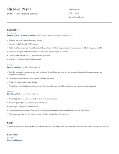 Durable Medical Equipment Technician Resume