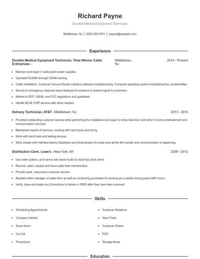 Durable Medical Equipment Technician Resume