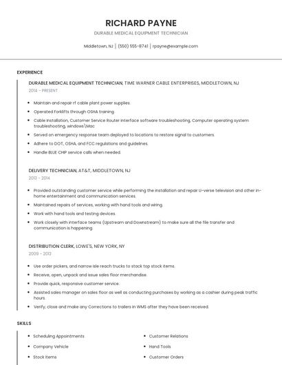 Durable Medical Equipment Technician Resume
