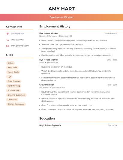 Dye House Worker Resume