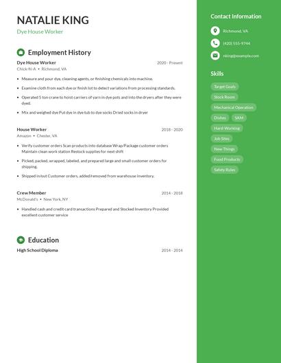 Dye House Worker Resume