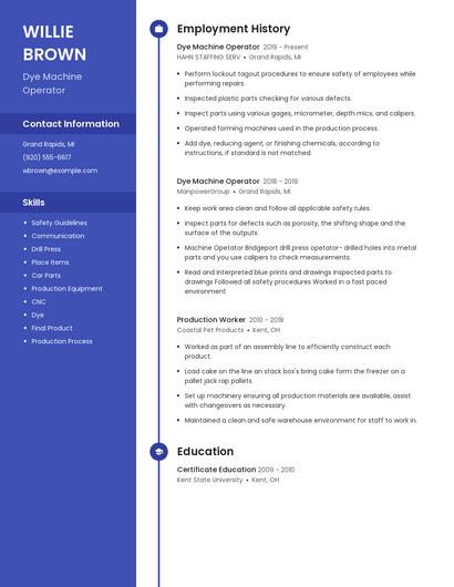 Dye Machine Operator Resume