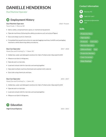 Dye Machine Operator Resume