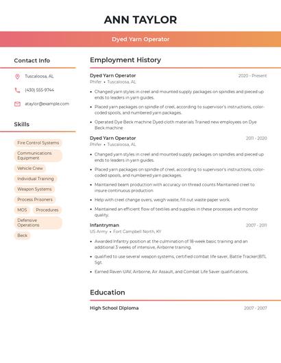 Dyed Yarn Operator Resume