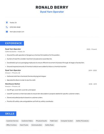 Dyed Yarn Operator Resume