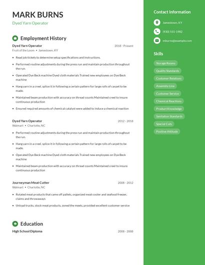 Dyed Yarn Operator Resume