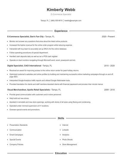 E-Commerce Specialist Resume