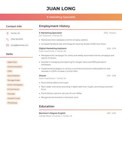 E-Marketing Specialist Resume