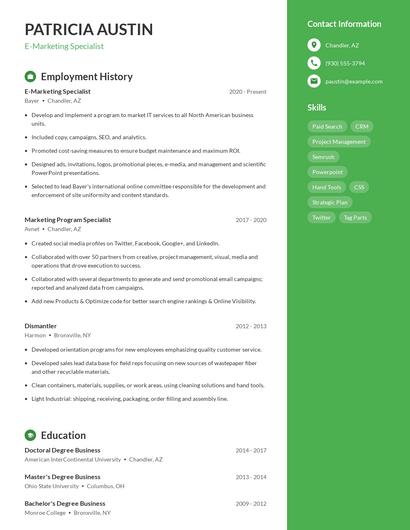 E-Marketing Specialist Resume