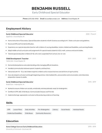 Early Childhood Special Educator Resume