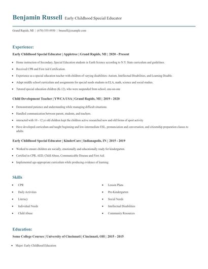 Early Childhood Special Educator Resume