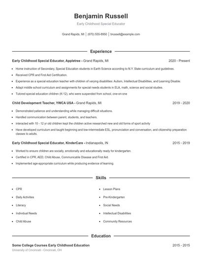 Early Childhood Special Educator Resume