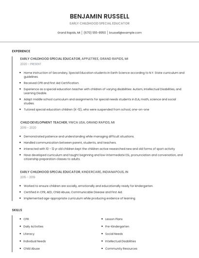 Early Childhood Special Educator Resume