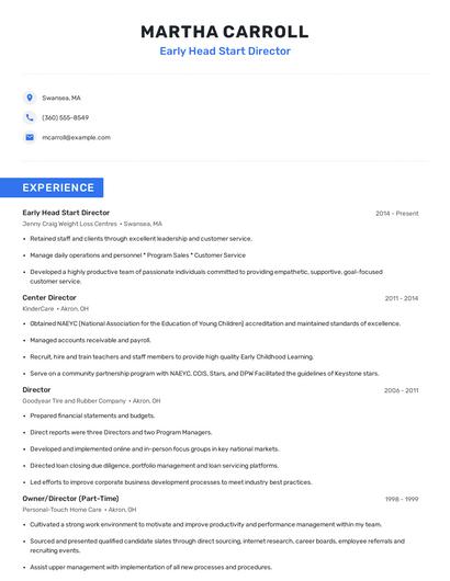 Early Head Start Director Resume