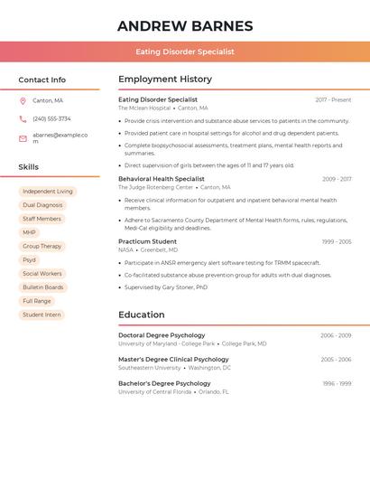 Eating Disorder Specialist Resume