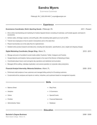 Ecommerce Coordinator Resume